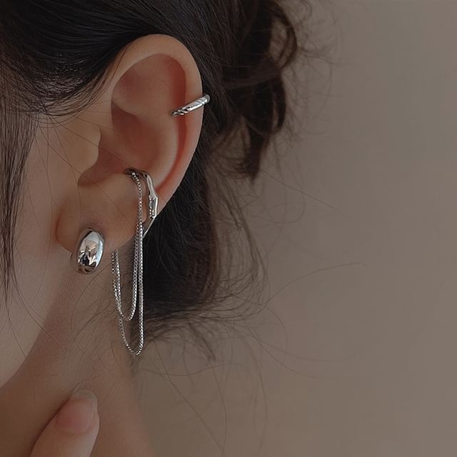 Plain Hoop Sterling Earring Chain Ear Cuff Silver + Set: 925