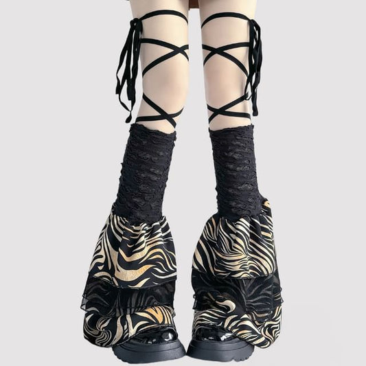 Leg Print Tiger Warmers Lace-Up Ruffle