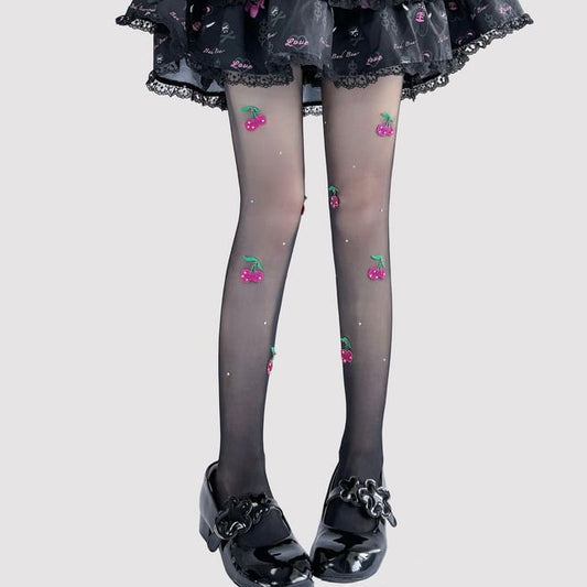Bestickte transparente Strumpfhose Kirsche