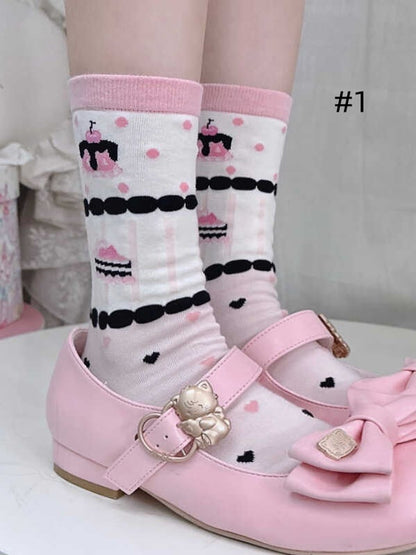 Sweet Lolita Cake Strawberry Bowknot Print Calf Socks