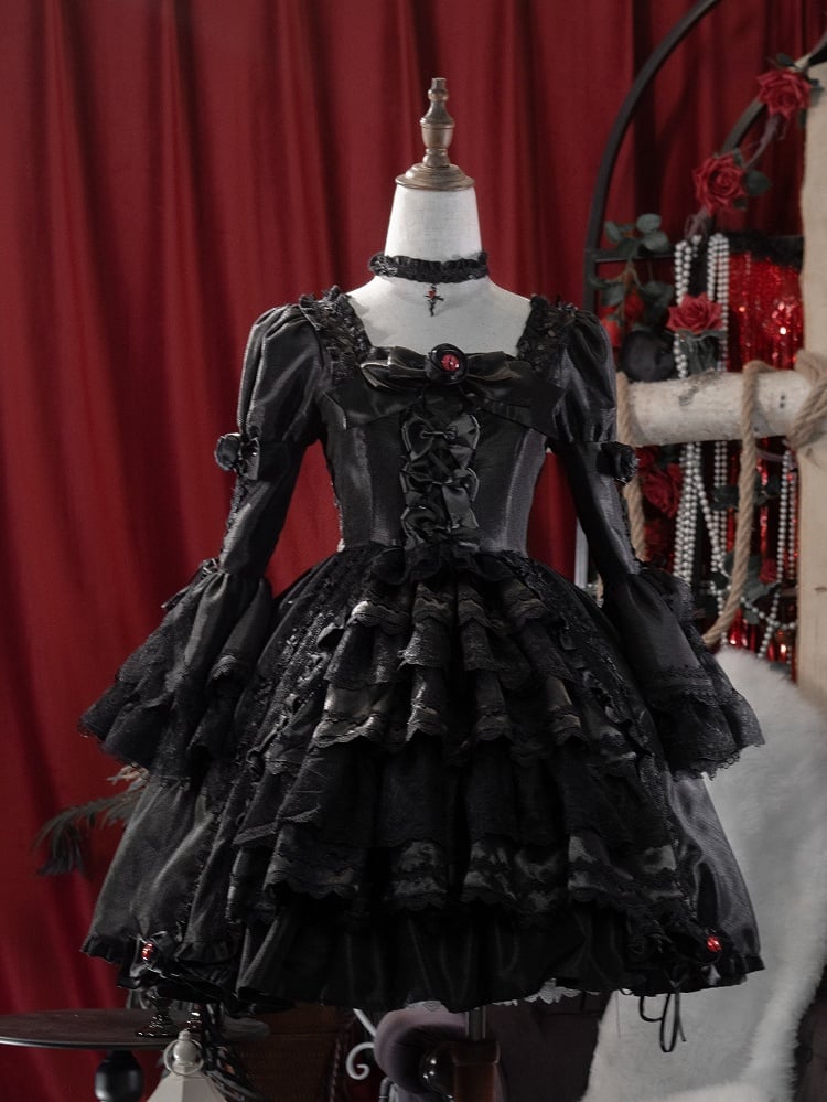 Kuro Drawstring Dress Bell Sleeves Skirt Gothic Black Bowknot Lolita Details and Layered
