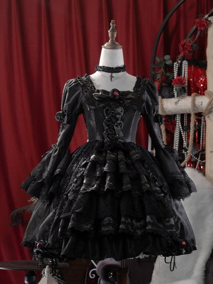 Kuro Drawstring Dress Bell Sleeves Skirt Gothic Black Bowknot Lolita Details and Layered