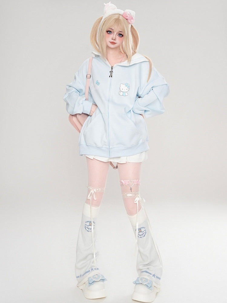 Pink/Light Blue/Grey/Black Kitty Print Sailor Collar Zip Closure Thick Sweatshirt