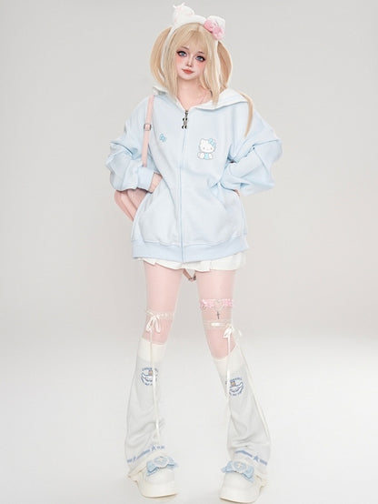 Pink/Light Blue/Grey/Black Kitty Print Sailor Collar Zip Closure Thick Sweatshirt