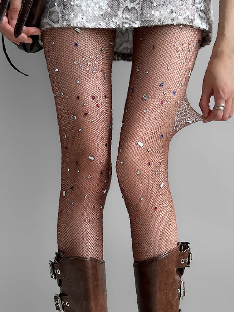 Fishnet White/Brown Rhinestone Tights Decorated