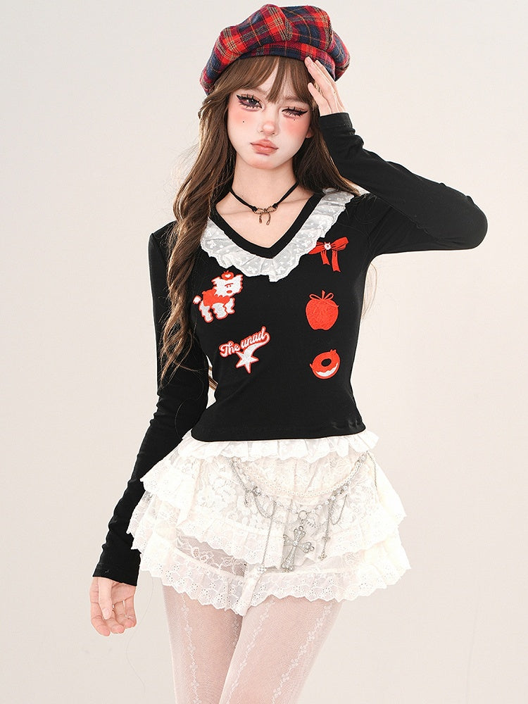 Haut slim noir/gris à col en V et bordure en dentelle