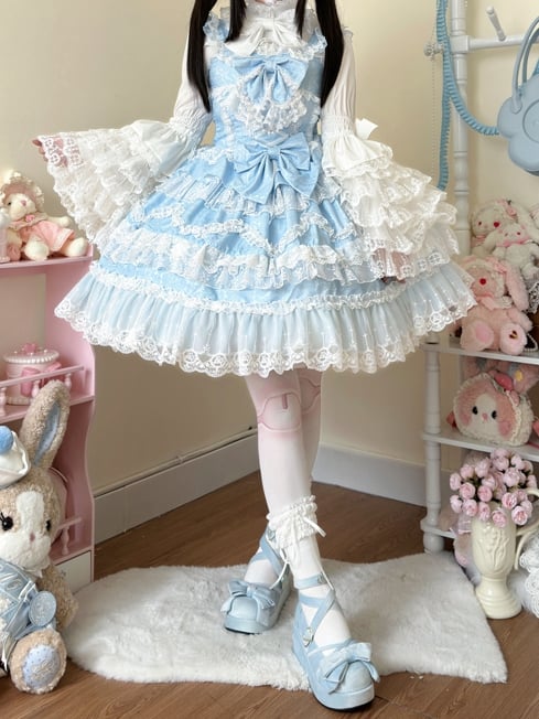 Weiß verzierte Spitzenschleifen Hanayome-Pullover Blauer Lolita-Rock Kleidbesätze