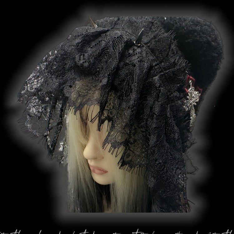 Gothic Black Studs Adorned Lace Trim Cross Charm Knit Hat