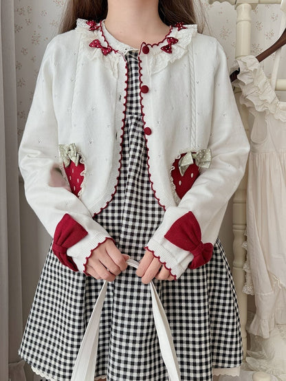 White Long Sleeves Strawberry Applique Cardiagn