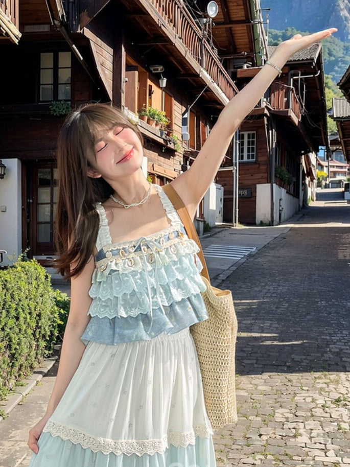 Sleeveless Top Shell Charm Tiered Ruffles Blue
