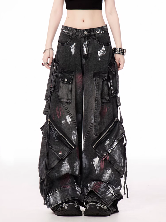 Details Jeans Zipper Spray Paint Print Waist Wide-leg Cargo Black Low