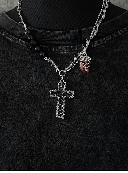 Silver Crossand Heart Pendant Thorn Necklace