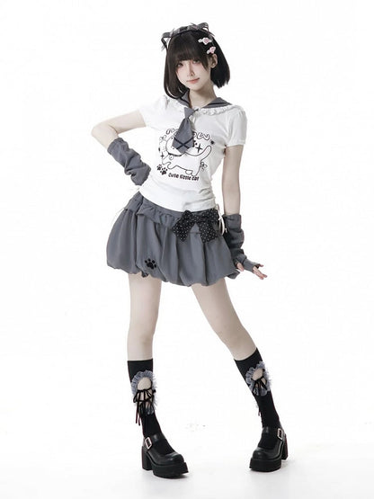 Side Armwear Free Ears with T-shirt Kitty Design Sailor Collar White Drawstring