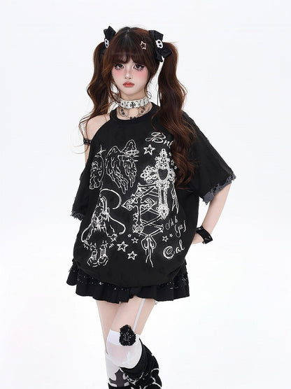 Black/Beige Cutout Shoulder Graffiti Bittersweet T-Shirt Angel Lucky