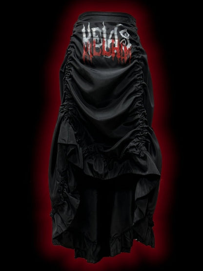 Gothic Black Letters Print Ruched High-low Punk Skirt with Free Cross Charms Waist Chain
