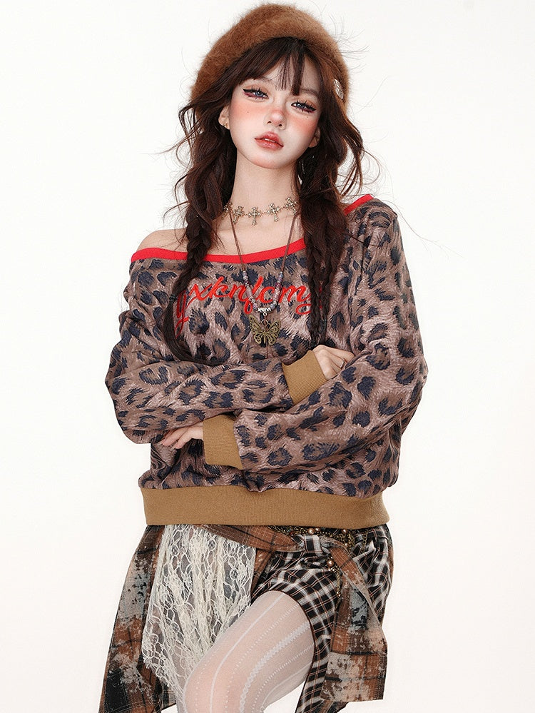 Leopard Pattern Asymmetrical Neckline Sweatshirt