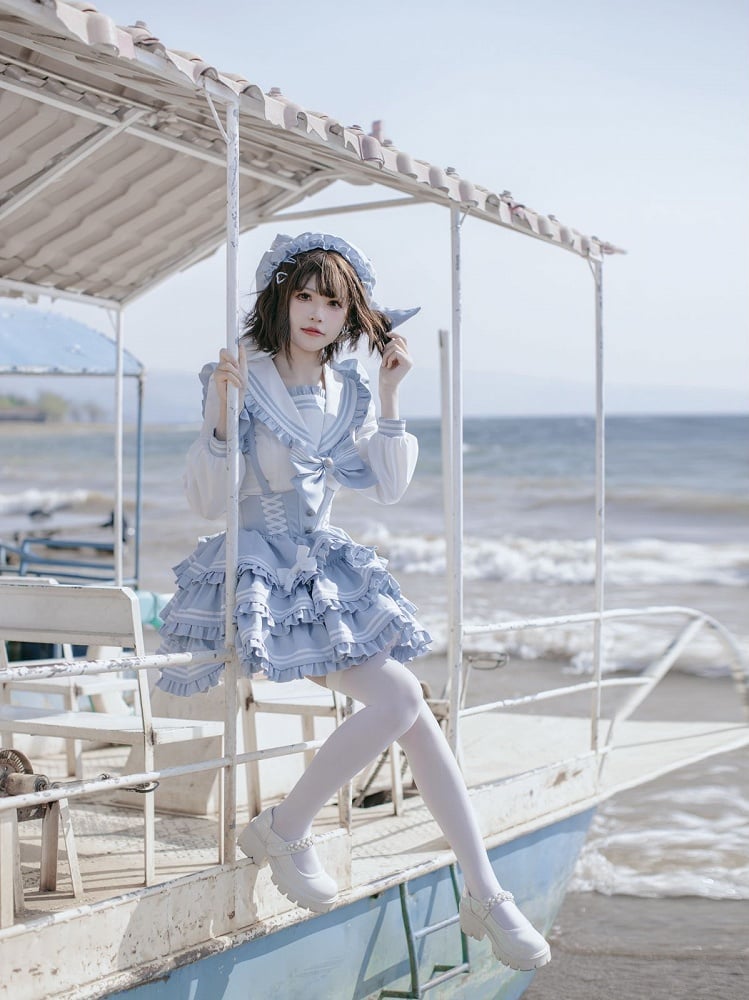 Overalls Light Flutter Sleeves Bow Accents Tiered Skirt Sweet Blue Lolita Dress