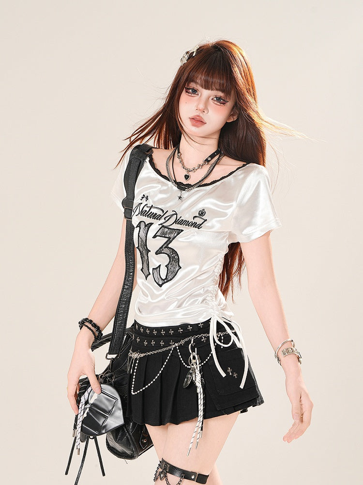 Applique Core T-Shirt Letter Embroidery Lace Blokette Side Drawstring Number Pink/White