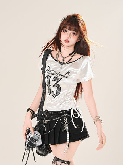Applique Core T-Shirt Letter Embroidery Lace Blokette Side Drawstring Number Pink/White