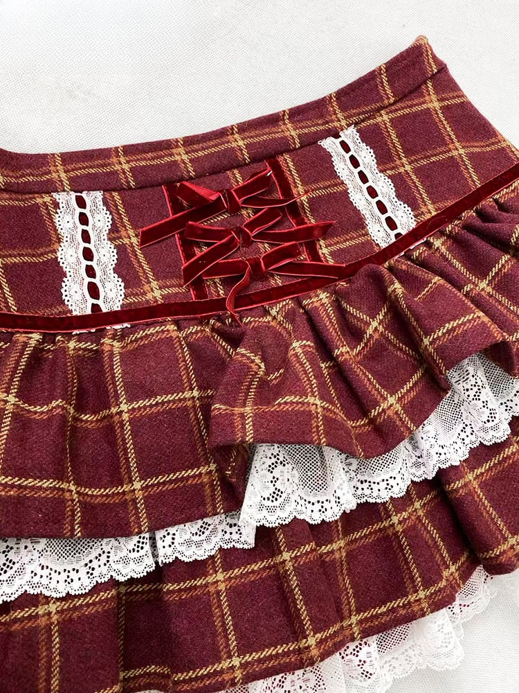 Red Plaid Pattern Lace Trim Patchwork Design Tiered Skirt