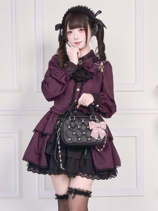 Blouse Bowknot Illusion over Jirai Neckline Straps Buckle Purple Brooch Kei and with