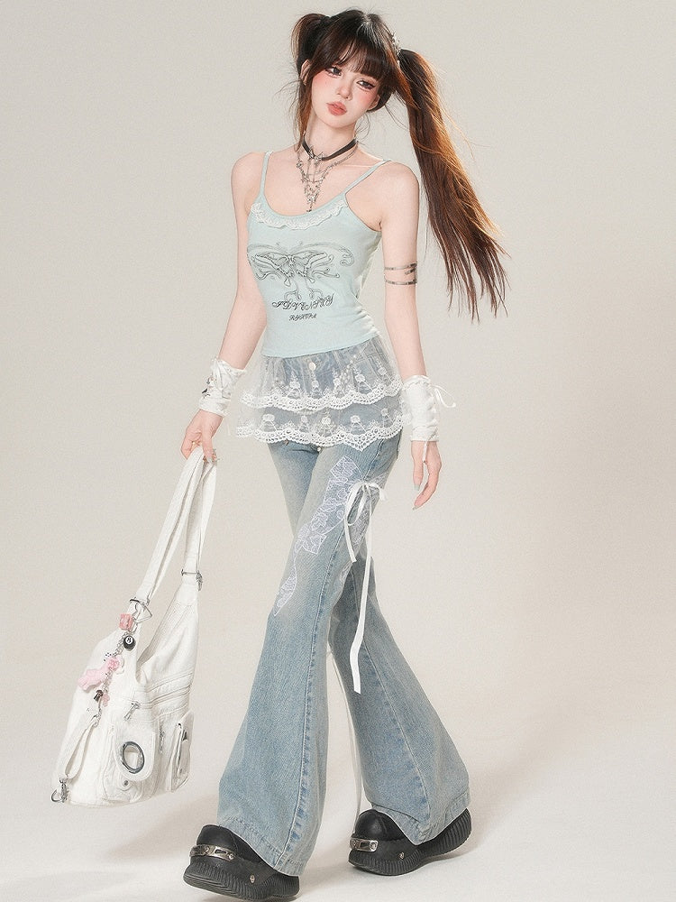 Bowknot Glamorous Flare Lace Embroidered Blue Jeans Silhouette