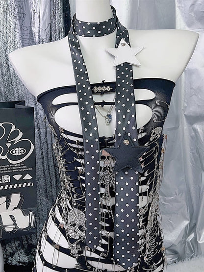 Applique Star Tie Pattern White/Black Polka-dot Y2K Neck