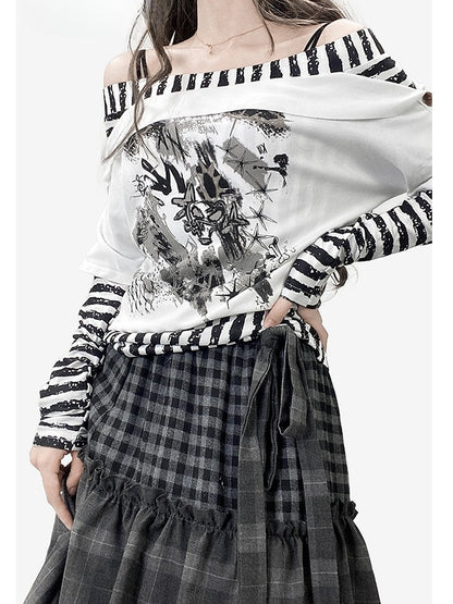 Striped Sleeves WhiteBlack Top Design Print Pattern Neckline Long Off-the-shoulder