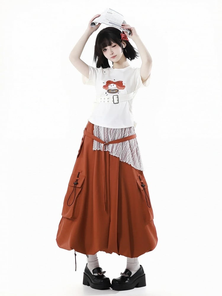White Cartoon Print T-Shirt with Detachable Buckle Strap