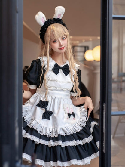 Black and White Bunny Theme Tiered Ruffles Maid Lolita Dress