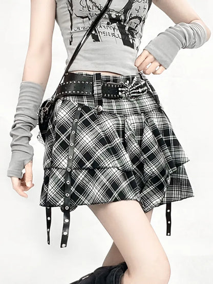 Straps Handkerchief Leg Black + Hem Buckle White Warmers Skirt Plaid