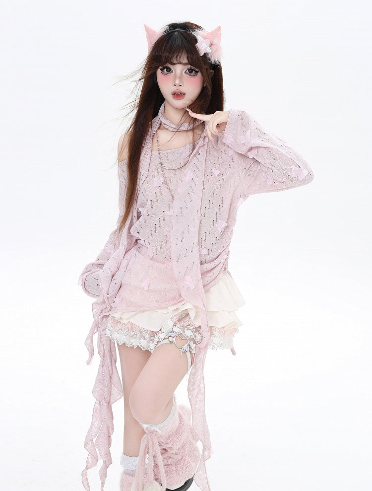 Big Pink Lined Tiered Skirt Apricot Bow Trim Allover Bowknot Print Lace
