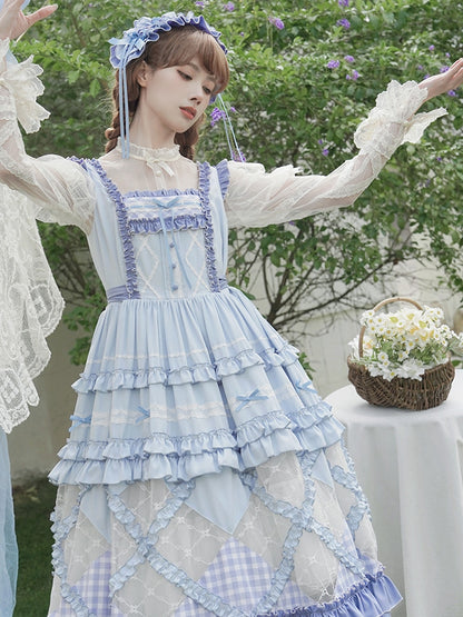 Blue Gingham Pattern and Floral Lace Patches Skirt Casual Lolita Dress