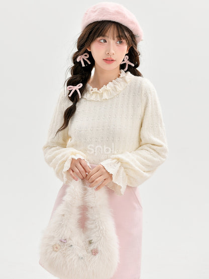 Beige Ruffle Neckline Long Sleeves Top