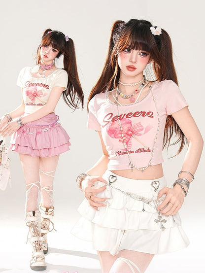 Trim Sweet Lollipop Print Lace T-Shirt Pink/Apricot Glamorous Cropped