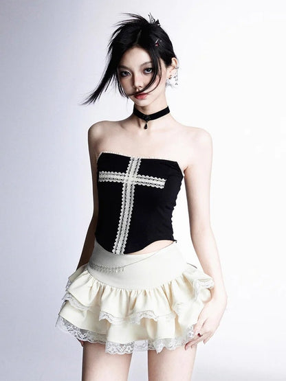 Tiered Skirt Strapless Lace Mini Trim Top/Apricot White Lace Cross Design Black Curved Hem Glamorous