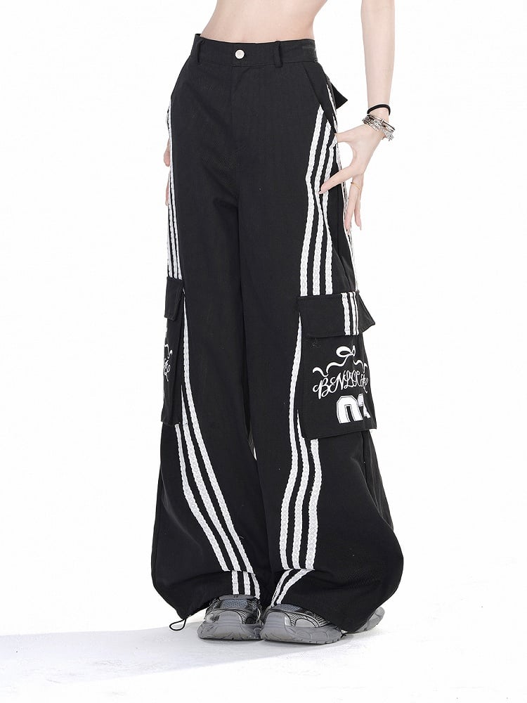 Black & White Cargo Pockets Wide-leg Loose Pants