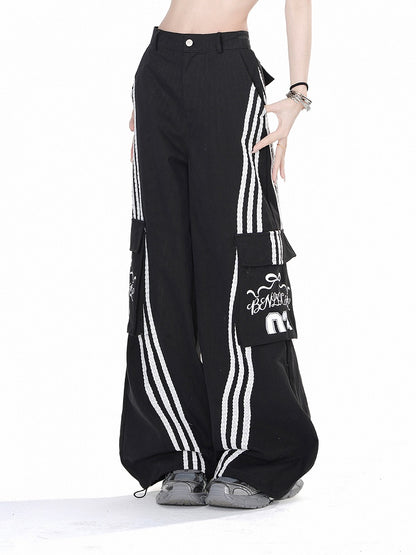 Black & White Cargo Pockets Wide-leg Loose Pants
