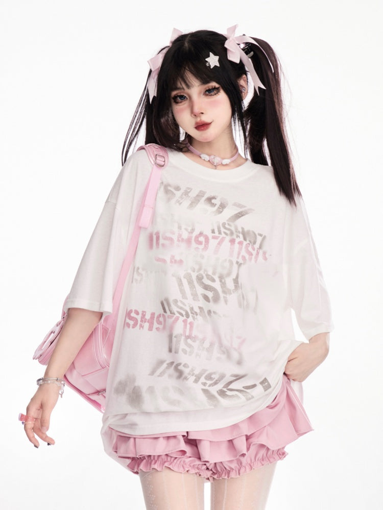 Oversized T-Shirt Neck Letter Print White Round