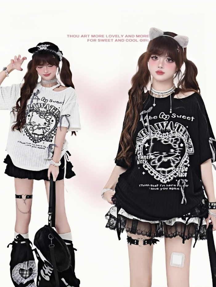 Cutout Y2K Black/White Round Waist Neck Detail T-Shirt Kitty Print Drawstring