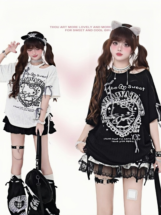 Cutout Y2K Black/White Round Waist Neck Detail T-Shirt Kitty Print Drawstring