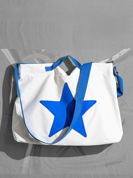 White Spacious Tote Classic and Bag Blue Star-Pattern