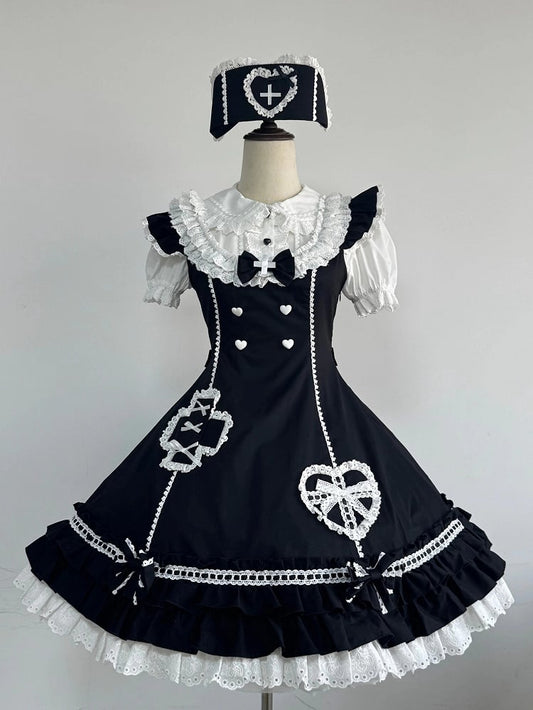 Trimmed Dress Neckline Straps Black Scalloped Flutter Lolita Nurse Eyelet Shoulder