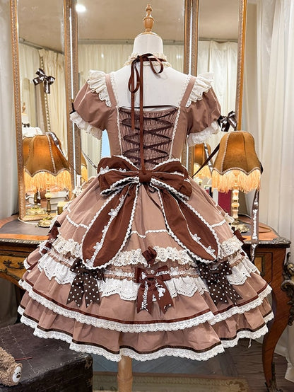 One Bow Ruffle Lolita Sweet Bunny Theme Dress Brown Accents Piece Princess