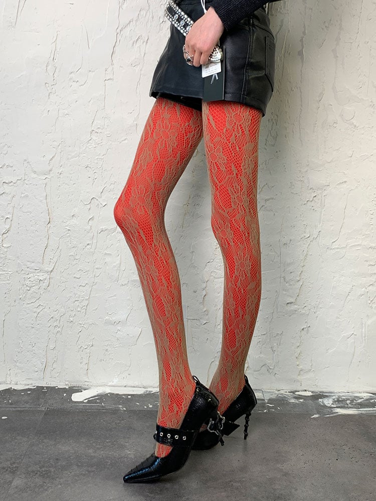 Brown Y2K Floral Hollow-out Tights