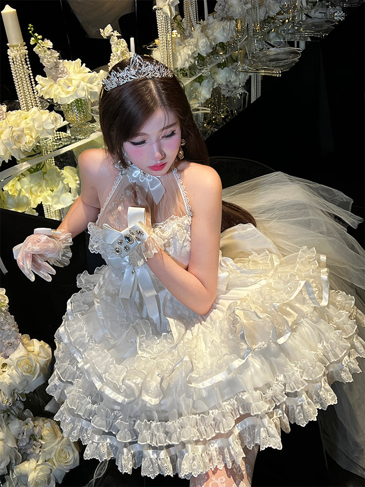 Robe Hanayome Shiro blanche à col licou et papillons et paillettes