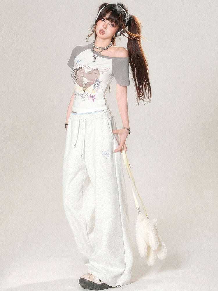 Embroidery Light Wide-leg Gray And Cut Letter Pants Trim Heart Lace
