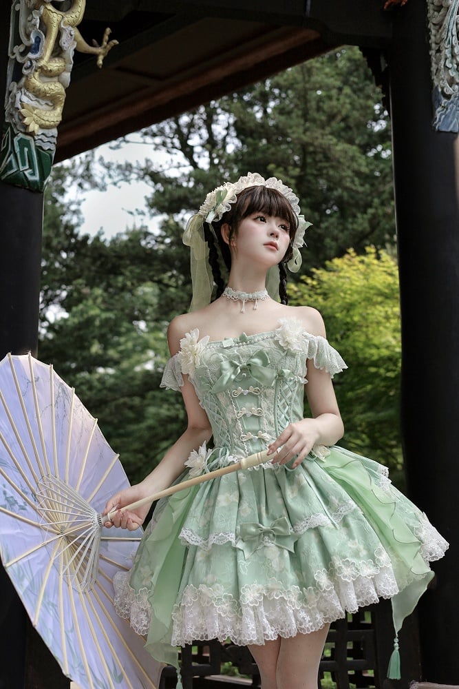 Green Top Frog Buttons Print Corset Skirt + and Jasmine-Embellished Floral Waist Lolita