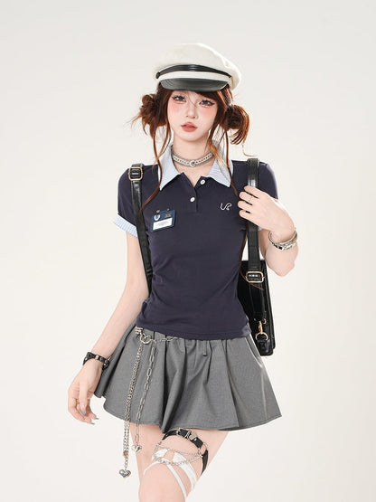 Preppy Style Rot/Marineblau Polokragen Slim-Fit T-Shirt Blau