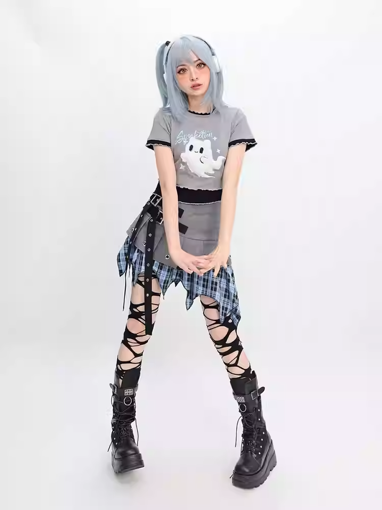Two-pieces Y2K Faux Ghost Embroidery Lettuce Hem T-Shirt Gray Plush